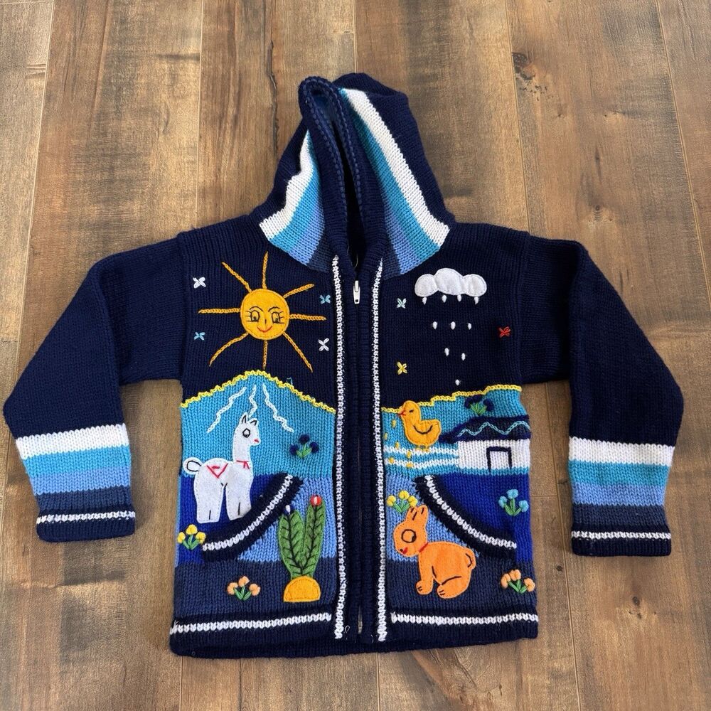Toddler Peruvian Jacket Colorful Embroidered Animal Whimsical Llama Alpaca Blue